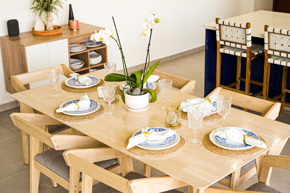 Dining table set for dinner